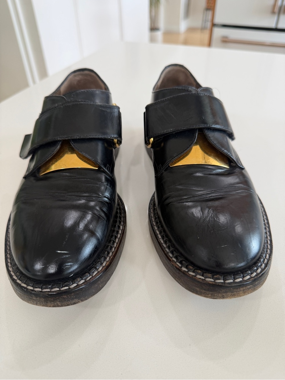 Marni Black Leather Velcro Loafers with Gold Accent